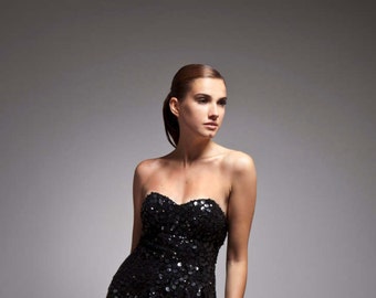 Cocktail Dress, Strapless Sweetheart Neckline, Sample Sale Dress, Low Back Black Sequins Dress, Short Silk Charmeuse, Bachelorette Party