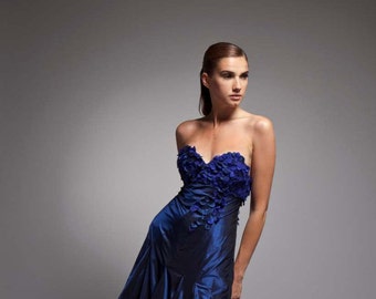 Sapphire Blue Sweetheart Neckline, Long Evening Party Dress for Women, Sample Sale Cocktail Dress, Strapless Silk Taffeta, Gift for Her