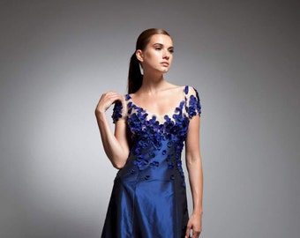 Women's Evening Party dress, Sample Sale Gown, Evening Prom Dress, Cocktail Dress, Embroidered Dress for Women, Sapphire Blue Silk Taffeta