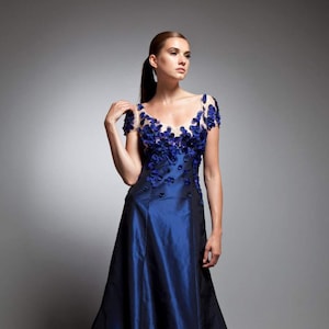 Women's Evening Party dress, Sample Sale Gown, Evening Prom Dress, Cocktail Dress, Embroidered Dress for Women, Sapphire Blue Silk Taffeta image 1