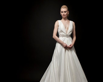 Sexy wedding gown, unique wedding gown, wedding Dress, draped gown, Low V front gown, Vintage dress, Cut to Order (Belt not included).