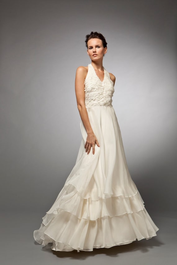 Charlotte: Silk organza gown with embroidered halter top and tiered ruffle skirt.
