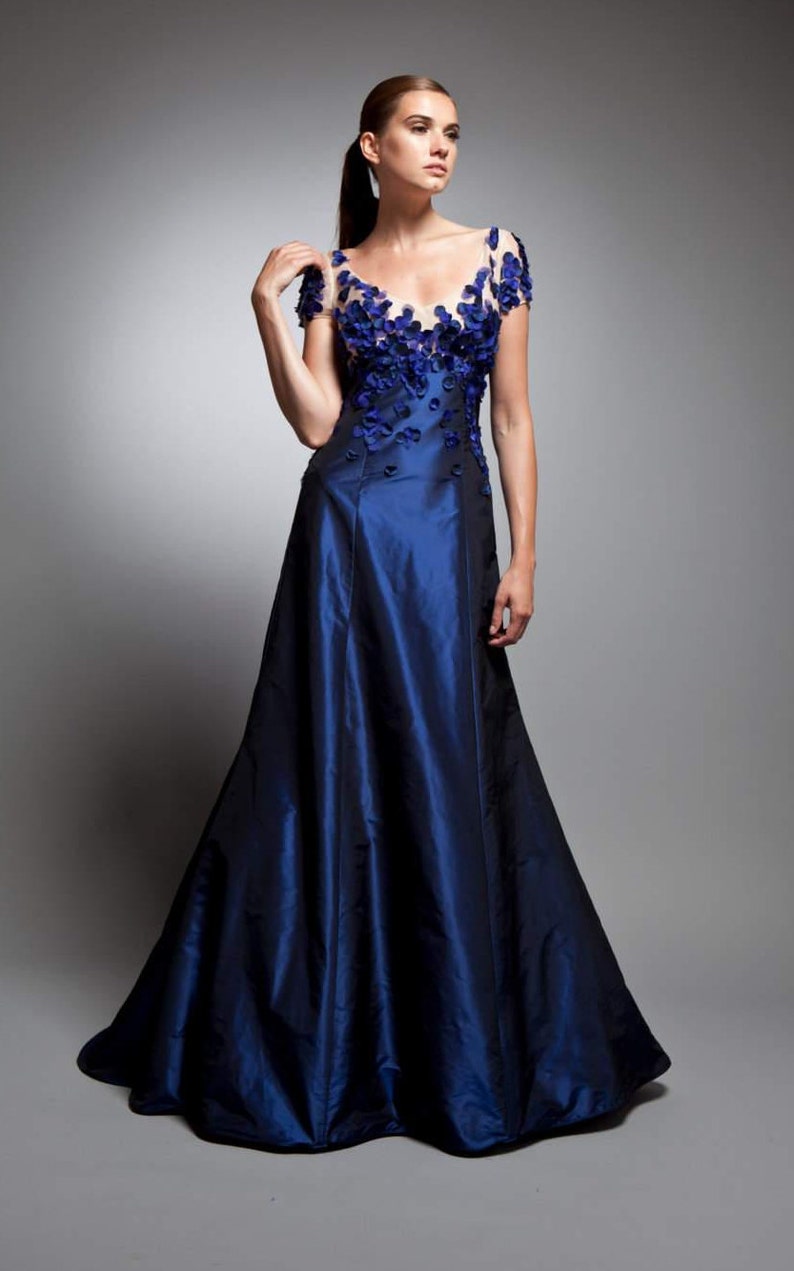 Women's Evening Party dress, Sample Sale Gown, Evening Prom Dress, Cocktail Dress, Embroidered Dress for Women, Sapphire Blue Silk Taffeta image 1