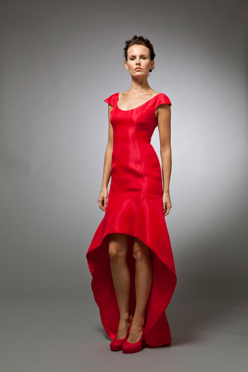 Evening Gown, Cocktail Dress, Bridesmaid, Full Length, Bright Red, Silk Gazar, Scoop neck, Cap sleeves, Cutaway skirt, Sweep train. image 1