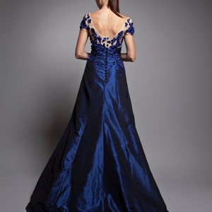 Women's Evening Party dress, Sample Sale Gown, Evening Prom Dress, Cocktail Dress, Embroidered Dress for Women, Sapphire Blue Silk Taffeta image 2
