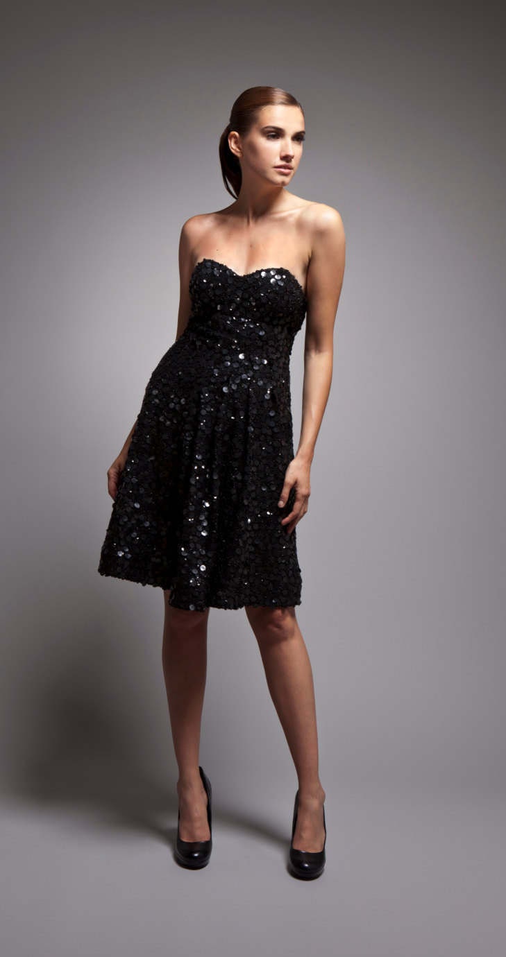Cocktail Dress, Strapless Sweetheart Neckline, Sample Sale Dress, Low Back Black Sequins Dress, Short Silk Charmeuse, Bachelorette Party