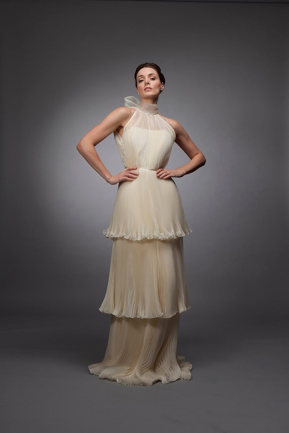 Tie Top Dress, Pleated Top Dress. Organza Pleated Gown