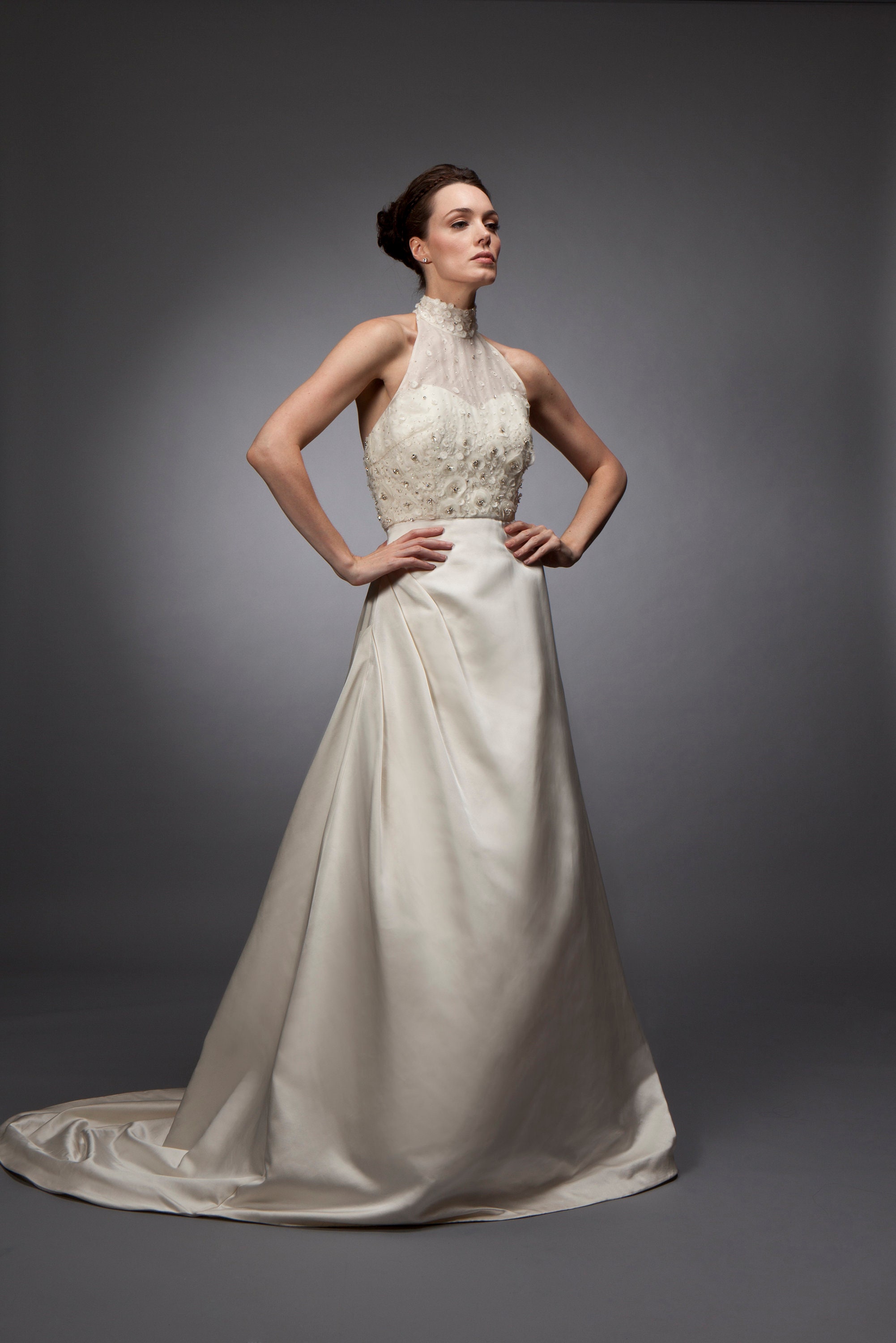 Crystal Embroidery, Wedding dress, bridal gown, Halter neck gown, Embroidered organza gown, draped skirt, double face satin gown, Crystal Embroidery, Wedding dress, bridal gown, Halter neck gown, Embroidered organza gown, draped skirt, double face satin gown,