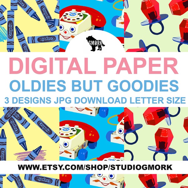 Oldies but goodies printable papers, digital, JPG file, download for planners, scrapbooking, penpal, snail mail, retro toys