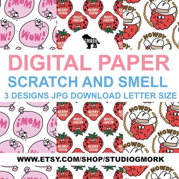 Scratch and Smell Digital Papers, retro stickers design, pritable , jpg, retro papers, vintage, 80's, strawberry, bubblegum, raspberry