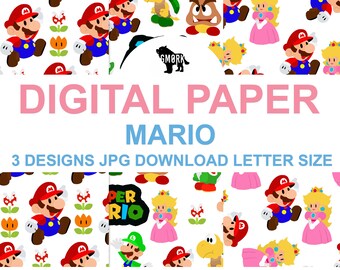 Könnte beinhalten: Digitales Papier mit einem sich wiederholenden Muster aus Mario, Prinzessin Peach, Luigi, Koopa Troopa, Goomba und Piranha-Pflanze auf weißem Grund. Der Text lautet DIGITAL PAPER MARIO 3 DESIGNS JPG DOWNLOAD LETTER SIZE und WWW.ETSY.COM/SHOP/STUDIOGMORK.
