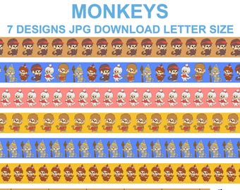 Monkeys Printable Washi Tapes for planners, Junk Journal, Scrapooking or Crafts