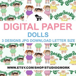 Puede incluir: Tres diseños de papel digital con un patrón repetitivo de muñecas Cabbage Patch Kids en varios atuendos y poses. El fondo es de color verde claro con el texto "Cabbage Patch Kids" repetido en todo.