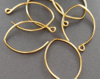 Rounded V - Shape Brass Earring Wire Finding Ear Hook Earrings 24 kt. Pure Gold DuroPlate  17x30mm (3 Pair). Made in USA.