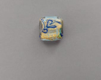 Authentieke vintage Venetiaans kobaltblauw en aqua vierkante kraal met goudfolie 18 x 18 mm. Pakket van 1.