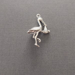 Limited edition sterling silver stork with baby charm measuring 25mm x 20mm. Weight of charm is 3.07 grams.  Made in USA.