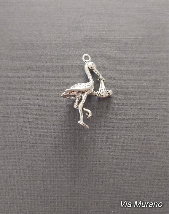 Stork with Baby Charm Sterling Silver, Made in the USA Stork with Baby Charm Sterling Silver, Made in the USA