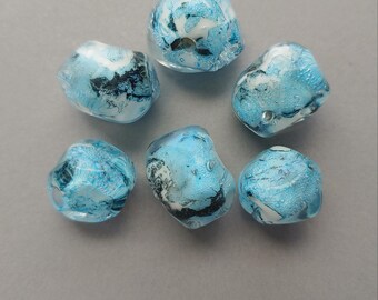 Bead lot of 6 American lamp worked aqua white and black glass beads with 17mm.  Made in USA.