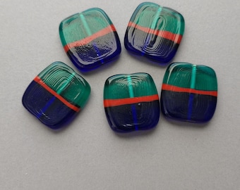 Bead Lot of 5 Lampworked Blue and Green Rectangular Glass Beads Measuring 21x20mm.