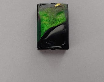 Authentic Vintage Venetian Glass Black and Emerald Rectangle Bead with Gold Foil 30x20mm. Pack of 1.