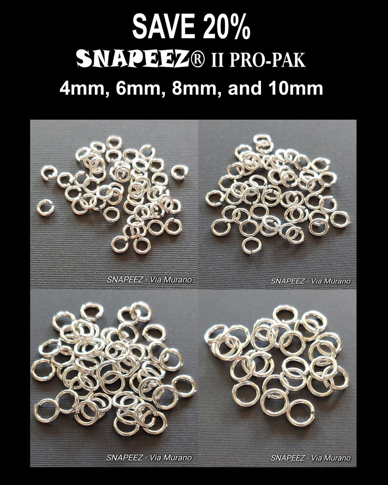 Puede incluir: Cuatro pilas de anillos de salto de plata en cuatro tama&ntilde;os diferentes: 4 mm, 6 mm, 8 mm y 10 mm. SNAPEEZ&reg; II PRO-PAK.