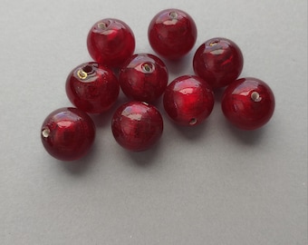 Bead Lot of 9 Authentic Vintage Venetian Red Glass Round Beads with Gold Foil from Murano 14mm. Pack of 9.