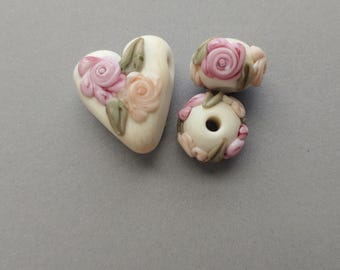 Bead Lot of 3 Handcrafted American Made Glass Lampwork Beads Measuring Approximately 24x19mm and 16x10mm.  Made in USA