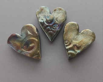 RAKU pottery ceramic heart pendants 25x23mm. Pack of 3. Made in USA.