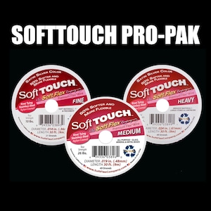 May include: Three spools of Soft Touch Soft Flex Premium Flex-Wire in Fine, Medium, and Heavy. Each spool is labeled with the type of wire, the diameter, length, and number of strands. The spools are all satin silver color and are 50% softer and more flexible.