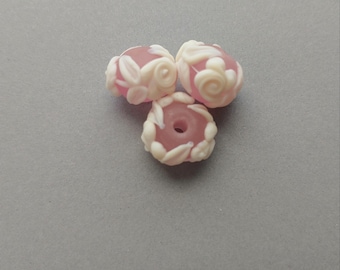 Bead Lot of 3 Handcrafted American Made Glass Lampwork Flat Round Shaped Beads Measuring Approximately 15x10mm.  Made in USA.