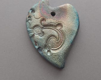 RAKU pottery ceramic heart pendant 50x38mm. Made in USA.