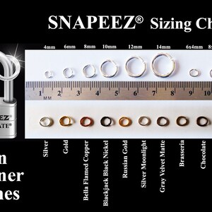 May include: A sizing chart for jewelry jump rings in eleven different finishes, including silver, gold, copper, black nickel, Russian gold, silver moonlight, gray velvet matte, brasseria, chocolate, black velvet matte, and imitation rhodium. The chart shows the different sizes of jump rings, ranging from 4mm to 14mm in diameter.