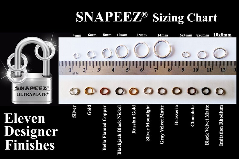 May include: A sizing chart for jewelry jump rings in eleven different finishes, including silver, gold, copper, black nickel, Russian gold, silver moonlight, gray velvet matte, brasseria, chocolate, black velvet matte, and imitation rhodium. The chart shows the different sizes of jump rings, ranging from 4mm to 14mm in diameter.