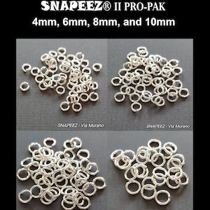 May include: Four piles of silver jump rings in four different sizes: 4mm, 6mm, 8mm, and 10mm.  SNAPEEZ® II PRO-PAK.