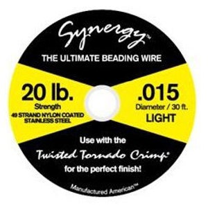 May include: Yellow and black label for 20 lb. strength, 4 strand nylon coated stainless steel beading wire. The wire is .015 diameter and 30 ft. long. The label says "Synergy The Ultimate Beading Wire" and "Use with the Twisted Tornado Crimp for the perfect finish!"