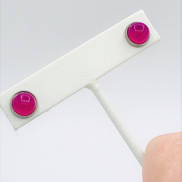 Hot Pink Chalcedony Stainless Steel Stud Earrings