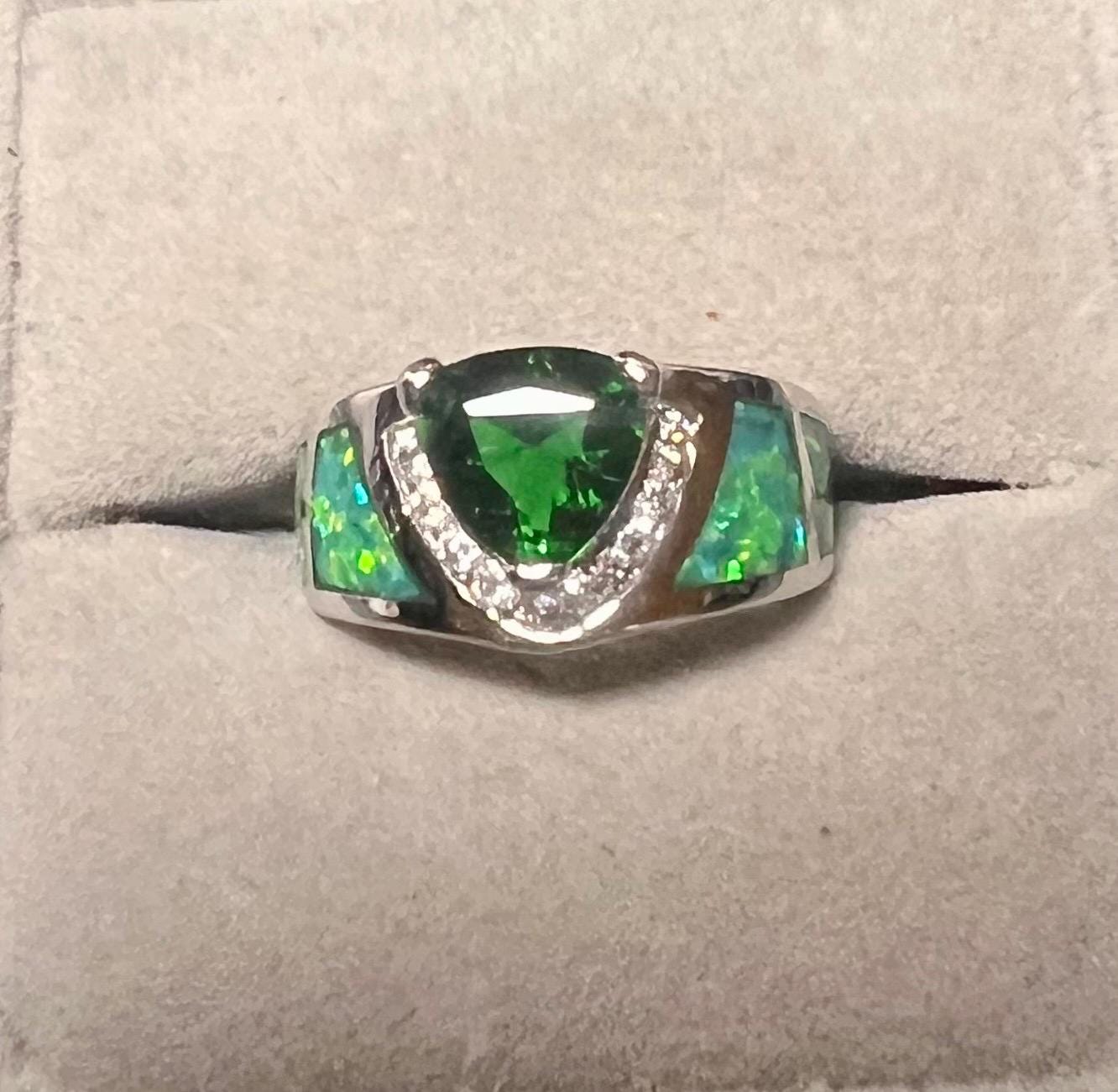 Chrome Diopside Green CZ Lab Created Opal Inlay Sterling Silver Rhodium Plated Ring Sz7