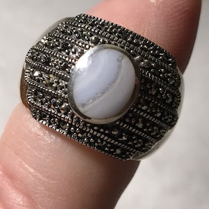Sterling Silver Blue Lace Agate and Marcasite Ring sz 8