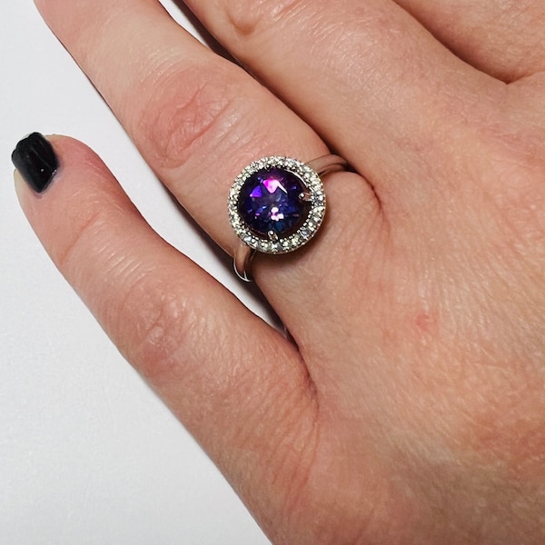 1.55cts Poignant Bliss Mystic Topaz & White Topaz Halo Sterling Silver Rhodium Plated Adjustable Ring Sz6-7