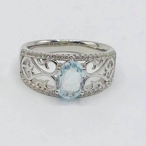 Aquamarine & White Sapphire Rhodium Over Sterling Silver Ring Sz 8