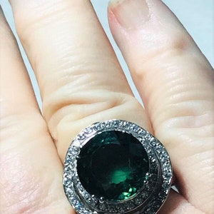 Green Quartz and Cubic Zirconia Sterling Silver Rhodium Plated Ring size 9