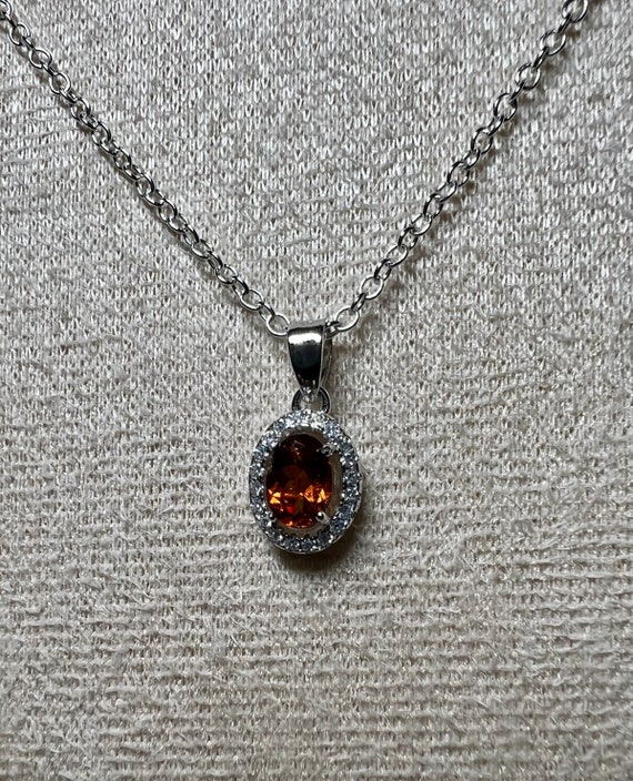 Hessonite Garnet White Topaz Sterling Silver Rhodium Plated  Necklace