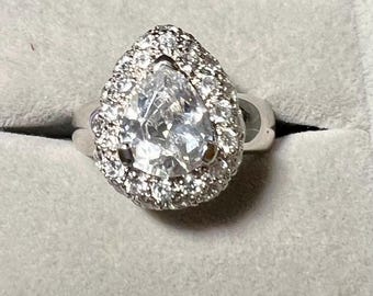 Pearshape Cubic Zirconia Rhodium Plated Sterling Silver Ring Sz7