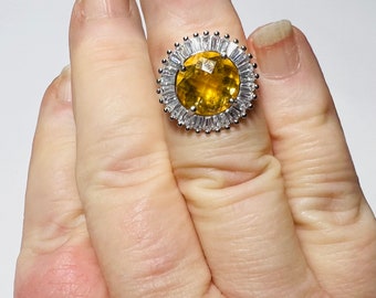4.13cts Genuine Checkerboard Citrine & White Topaz Sterling Silver Rhodium Plated Ring Sz4 3/4-6