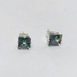 Mystic Green Topaz Princess Cut Sterling Silver Stud Earrings