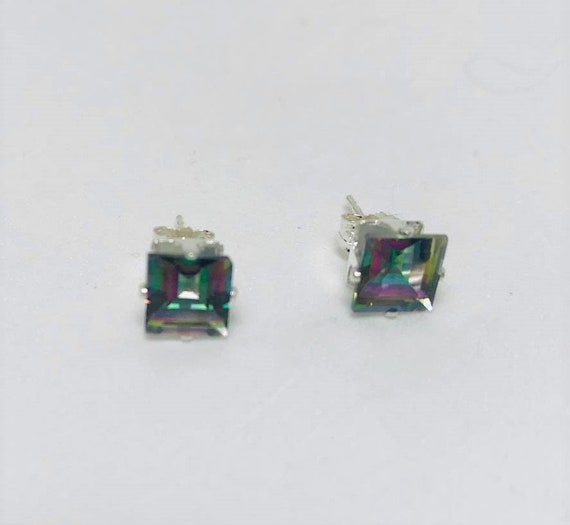 Mystic Green Topaz Princess Cut Sterling Silver Stud Earrings