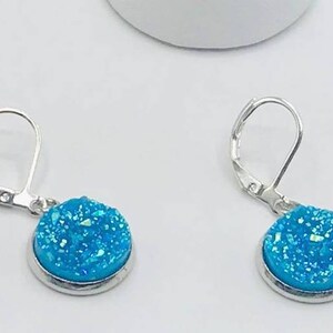 12mm Peacock Blue Faux Drusy Hypoallergenic Stainless Steel Dangle Earrings
