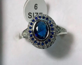 White & Blue Cubic Zirconia Sterling Silver Ring Sz10