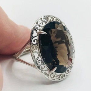 Huge Smoky Quartz Rhodium Over Sterling Silver Ring Adjustable Sz 8.5-10