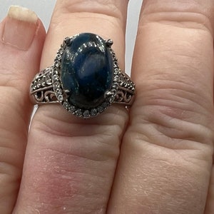 Shattuckite & White Zircon Rhodium Plated Sterling Silver Ring Sz8